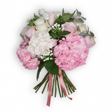 Poza Buchet roz cu hortensii si trandafiri