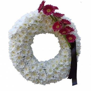 Poza Coroana funerara rotunda din crizanteme albe si gerbera