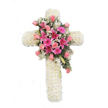 Poza Cruce funerara din crizanteme albe si flori roz
