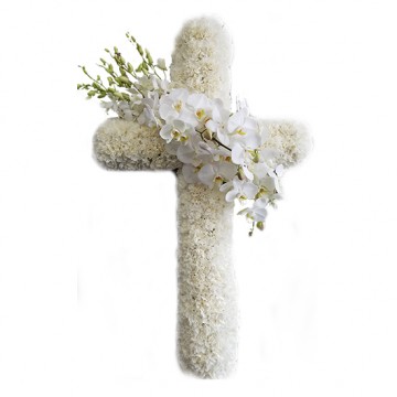 Poza Cruce funerara din crizanteme albe si orhidee