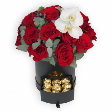 Poza Cutie de lux cu trandafirii rosii si orhidee