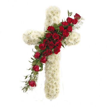 Poza Cruce funerara din crizanteme albe si trandafiri rosii